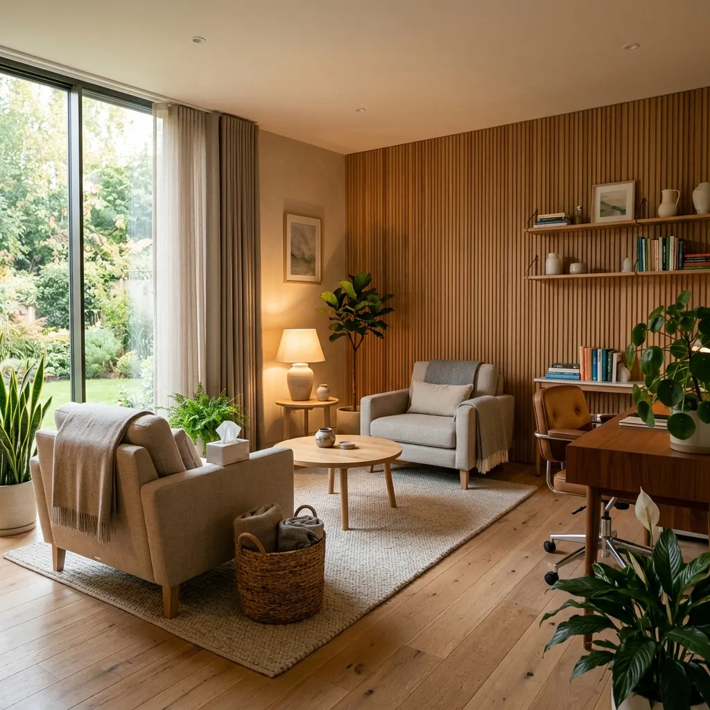 A calm, sunlit therapy room with soft armchairs, plants and a garden view