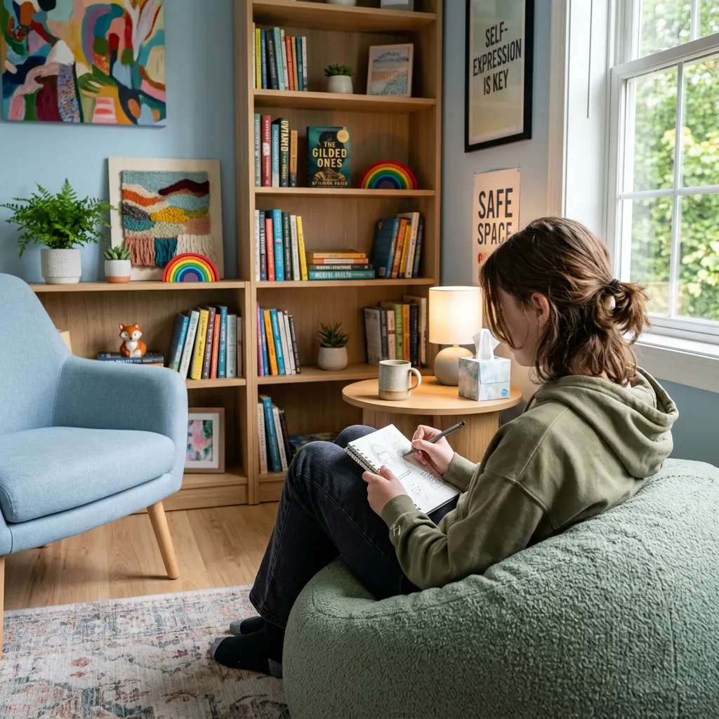 A welcoming and creative therapy room for teenagers, featuring art supplies and comfortable seating