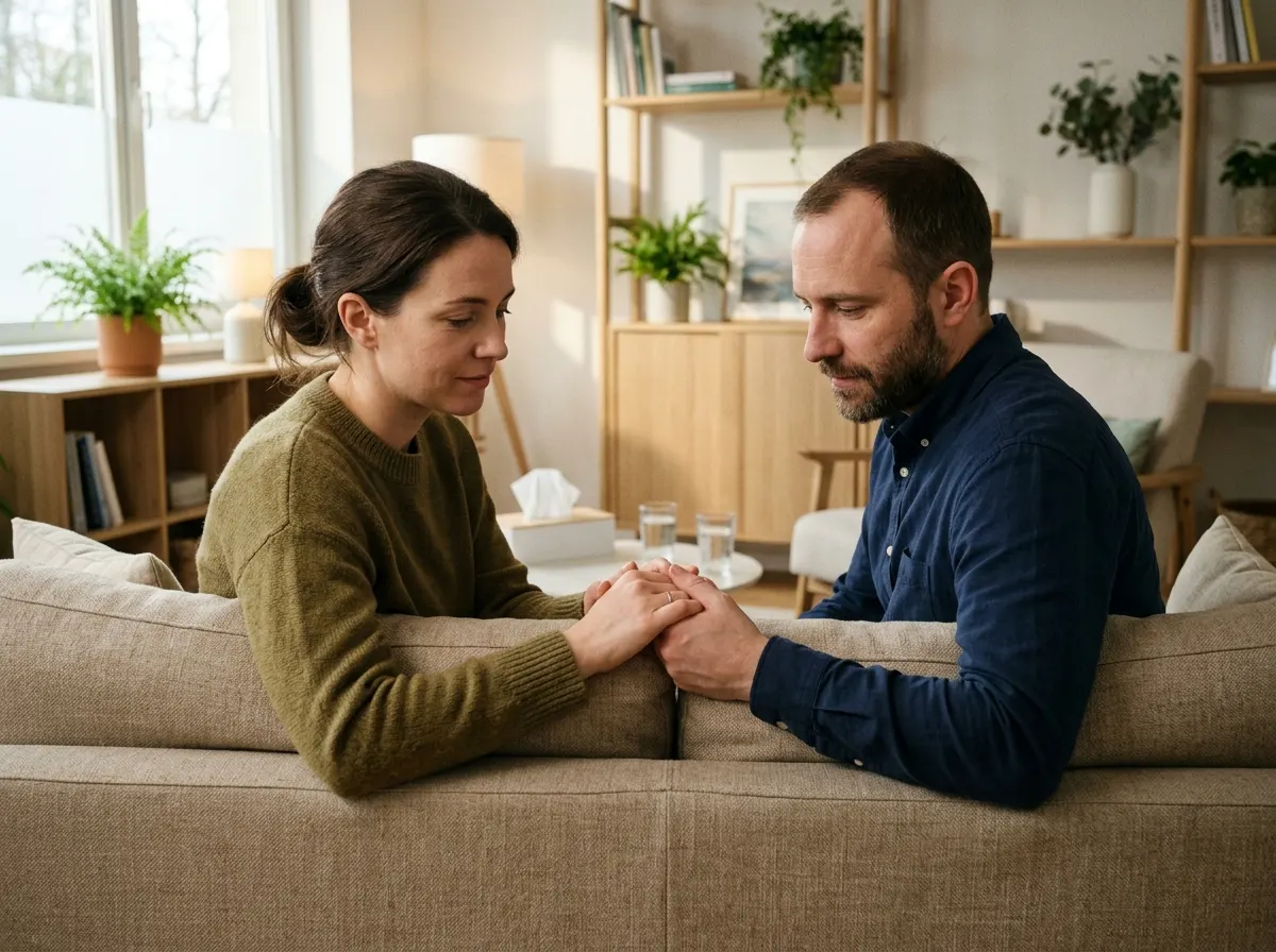 Two partners gently holding hands in a therapy setting
