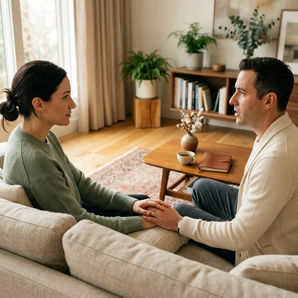 Two partners sitting together on a modern sofa, engaged in a constructive and calm dialogue