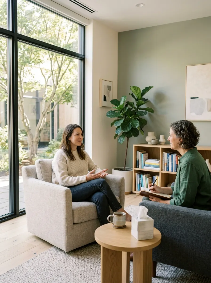 Two people engaged in a supportive, empathetic therapeutic conversation in a modern office