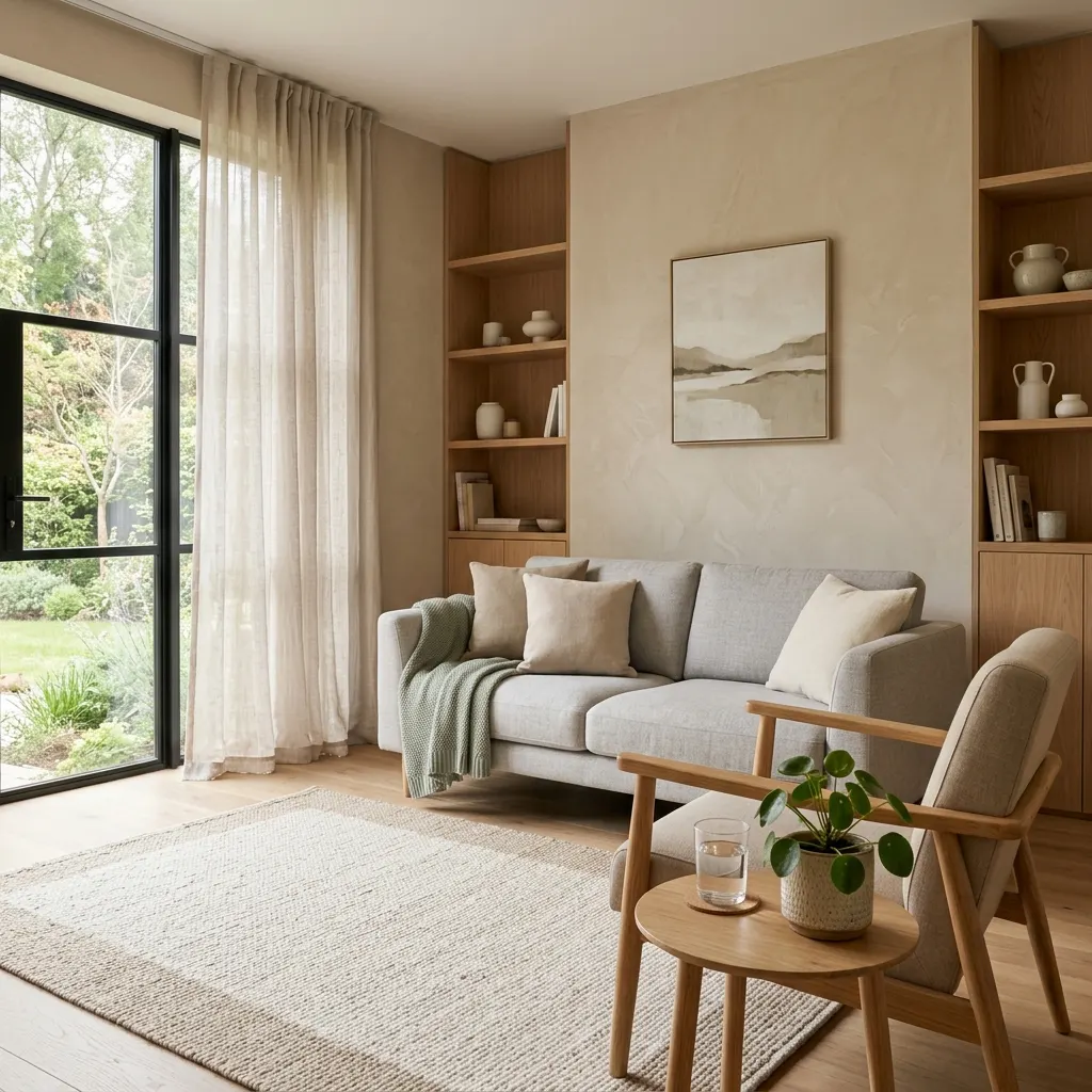 A serene, sunlit therapy room with comfortable seating and greenery