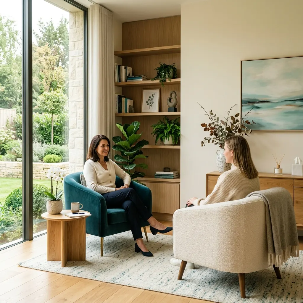A therapist and client smiling during a relaxed conversation in a bright room